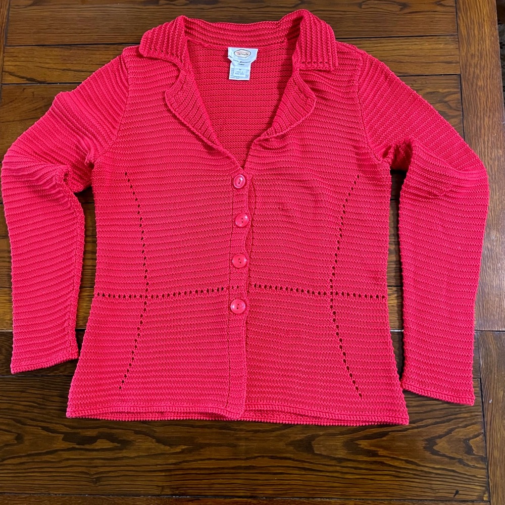 Talbots Chunky Knit Mercerized Cotton Cardigan Sweater Red Openwork Women Size M